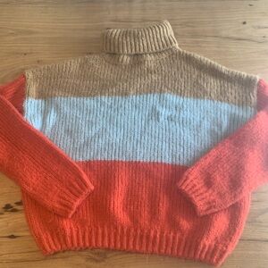 Woven Heart Cropped Color Block Long Sleeve Sweater Red Blue Tan Women’s S Prelo